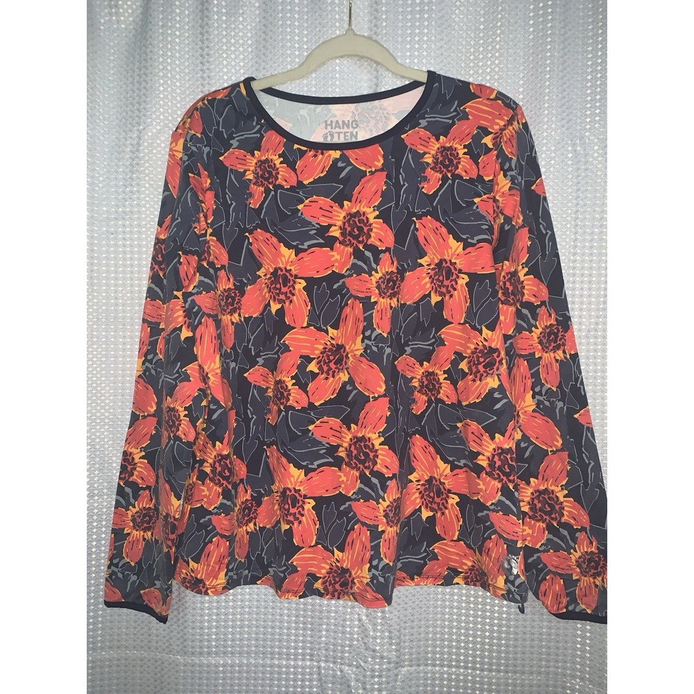 HANG TEN Gray Orange Long Sleeve Swim Surf Top Rash Guard Stretch Floral Sz XL